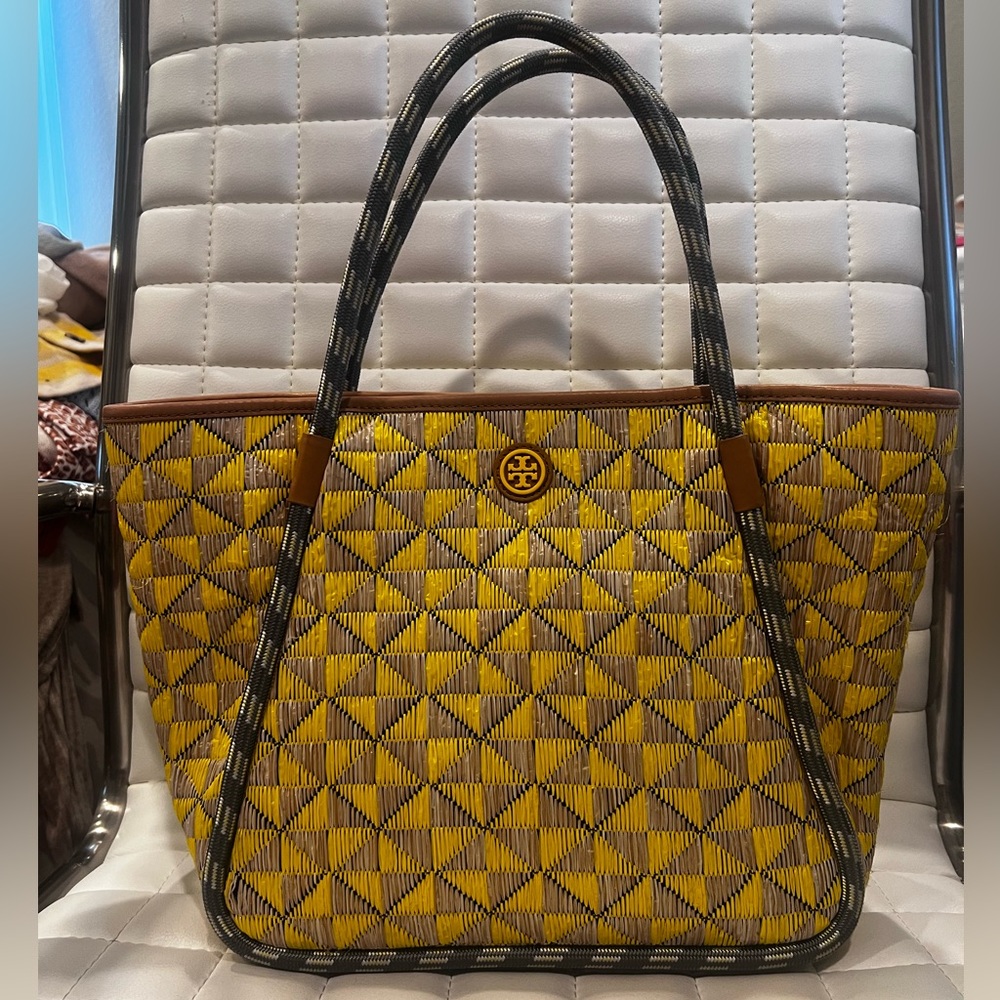 Tory Burch Mosaic Straw Small Tote, Yellow/Cream Mosaic, Pre-owned